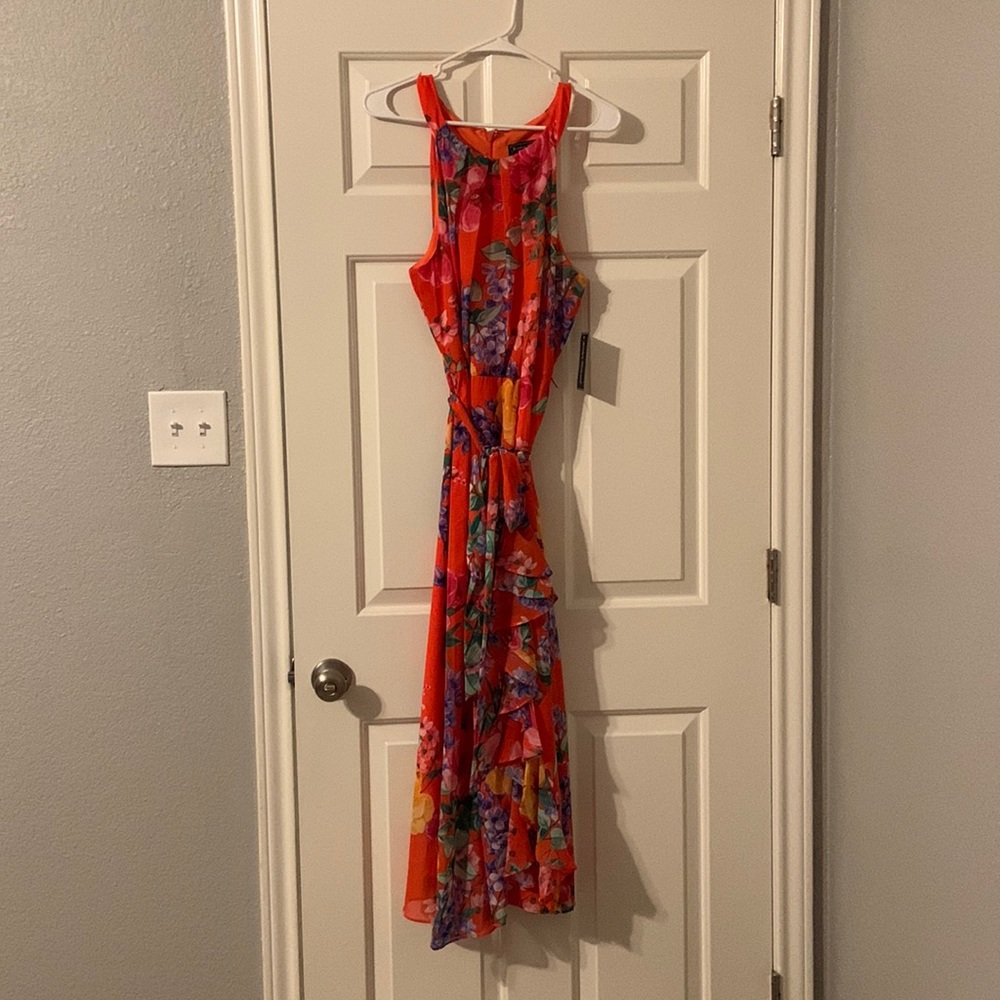 Jessica Howard Orange Multi-color Floral Chiffon Ruffle Midi Social
